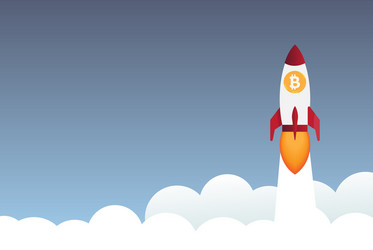 Rocket flying over clouds with bitcoin icon vector