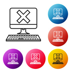 Black line computer with keyboard and x mark icon vector