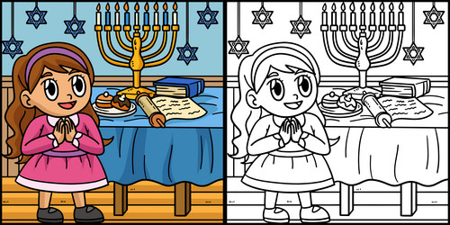 Hanukkah girl praying with menorah vector