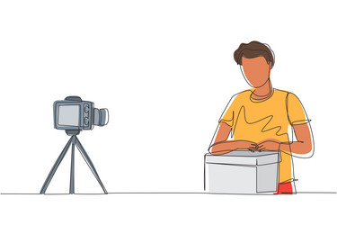 single continuous line drawing male vlogger unbox vector