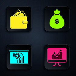 set computer monitor with graph chart wallet vector image
