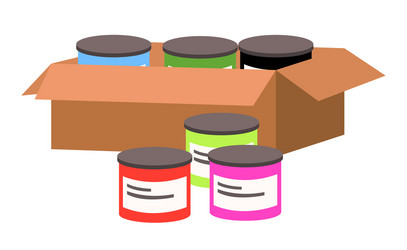 Colored paint jars in a cardboard box icon vector