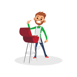 Smiling Man Grilling Meat on BBQ Vector Image