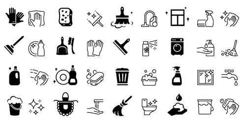 Cleaning icons pack isolated symbols vector