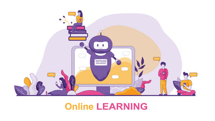 Horizontal flat banner online learning chat bot vector