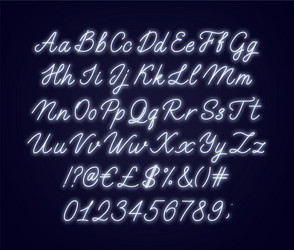 Neon white script alphabet glowing cursive font vector