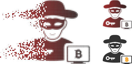 Broken pixel halftone bitcoin hacker icon vector