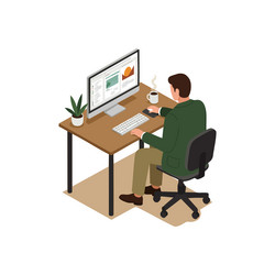 man working on computer with coffee at office desk vector image