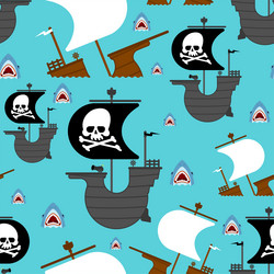pirate ship and shark pattern seamless background vector image