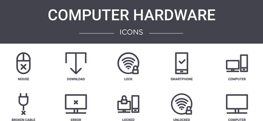 computer hardware concept line icons set contains vector image