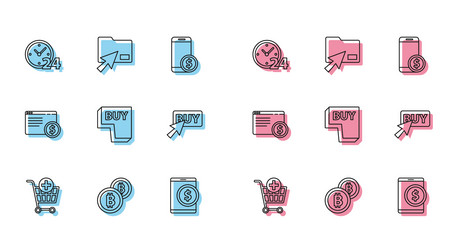 Set line add to shopping cart cryptocurrency coin vector