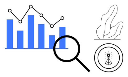data analysis with bar graph and magnifying glass vector image