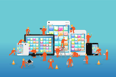 mini workers working on a smartphone and tablet vector image