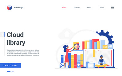 Cloud library landing page people reading online vector