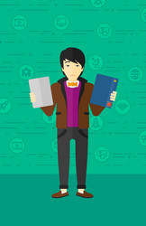 man choosing between book and tablet computer vector image