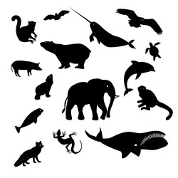 Black Silhouettes of Animals and Birds Vector Image
