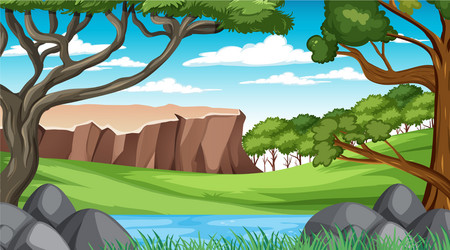 Forest scene with various trees and cliff vector