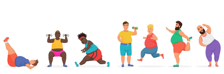 Funny cute chubby fat man characters set doing gym vector