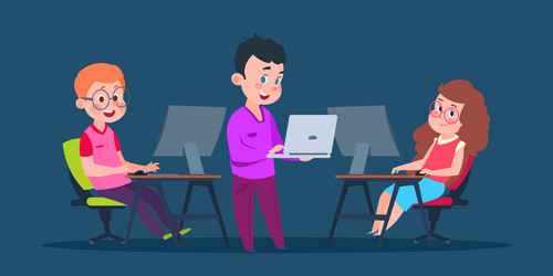 kids coding at computers cartoon character vector image