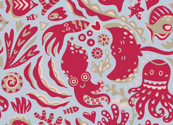 Decorative sea life creatures in viva magenta vector