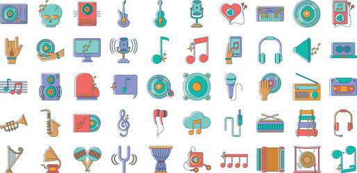 Music melody sound audio icons set line and fill vector