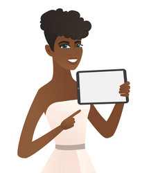 Young african fiancee holding tablet computer vector