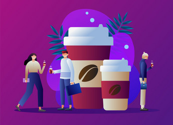 Coffee cups and tiny business people drinking vector