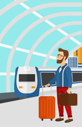 man with suitcase on wheels and briefcase vector