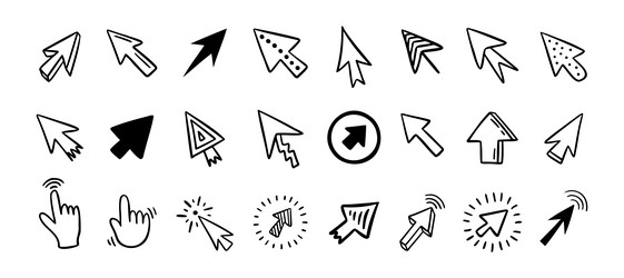 cursor doodle icon set click hand drawn vector image