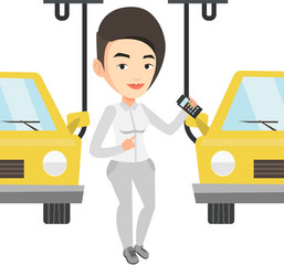 worker controlling automated assembly line for car vector image