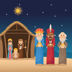 Nativity Scene with Mary, Joseph, and Wise Men Vector Image