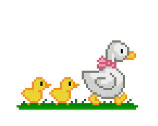 pixel parent duck and cubs for 8 bit game assets vector image