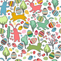 Seamless pattern with rabbits and spring trees vector