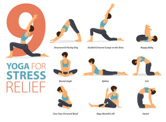 9 Yoga Poses for Stress Relief Vector Image