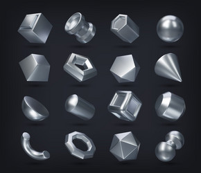 3d silver geometric shapes glossy metal figures vector