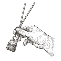 Hand holding sushi roll with chopsticks japanese vector