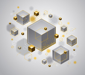 Cubes cluster with golden elements lines and dots vector