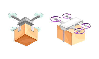 Automated quadcopters flying with package boxes vector