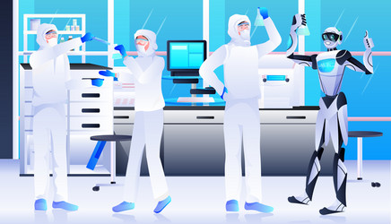 robot with scientists in protective suits making vector image