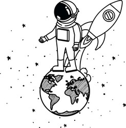 Astronaut with spacesuit and rocket in white vector