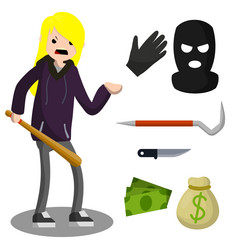 Thief with knife female robber in black cloth vector