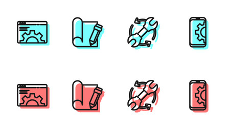 set line wrench and arrows as workflow browser vector image