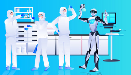 Robot with scientists in protective suits making vector