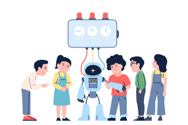 kids and robot little children create program vector image