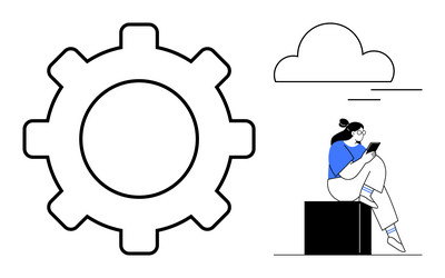 gear symbol and person using a tablet under vector image
