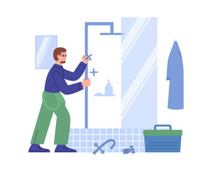 plumber fixing broken pipes in bathroom flat vector