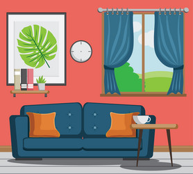 Cozy living room with pink sofa book tablefra vector