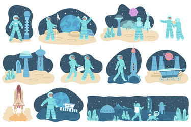 Astronomy space people flat recolor set Royalty Free Vector