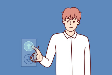 man presses up button while riding in elevator vector image