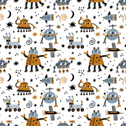 Seamless pattern cute robots kids funny robotic vector
